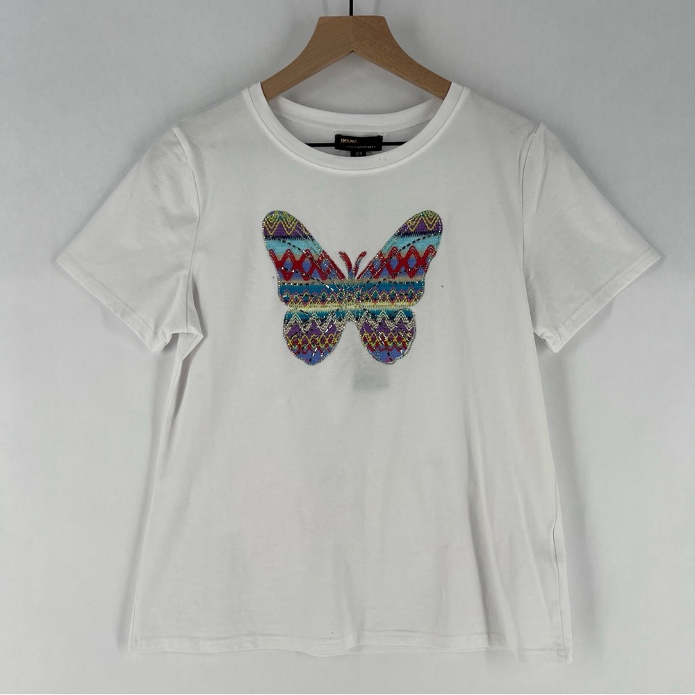 Pink Vanilla White T-Shirt‎ Colorful Embellished Beaded Embroidered Butterfly